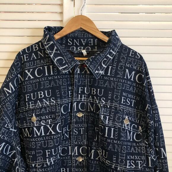 Vintage 90s FUBU Denim All Over Print MCMXCII Jeans Collection Jacket 5X - Picture 2 of 14